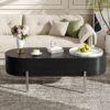 Lift Top Coffee Table With 360 Degree Marble Patterned Rotating Tray, Hidden Compartment, Partially Assembled Wooden Center Table, Modern Oval Lift Tabletop For Home Living Room - Black - Image 4