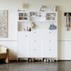 Multifunctional Tipping Bucket Shoe Cabinet With Storage Shelf & 6 Flip Drawers, Large Hall Tree With Tempered Glass Doors, Foyer Cabinet With 4 Hooks For Hallway - White - Image 5