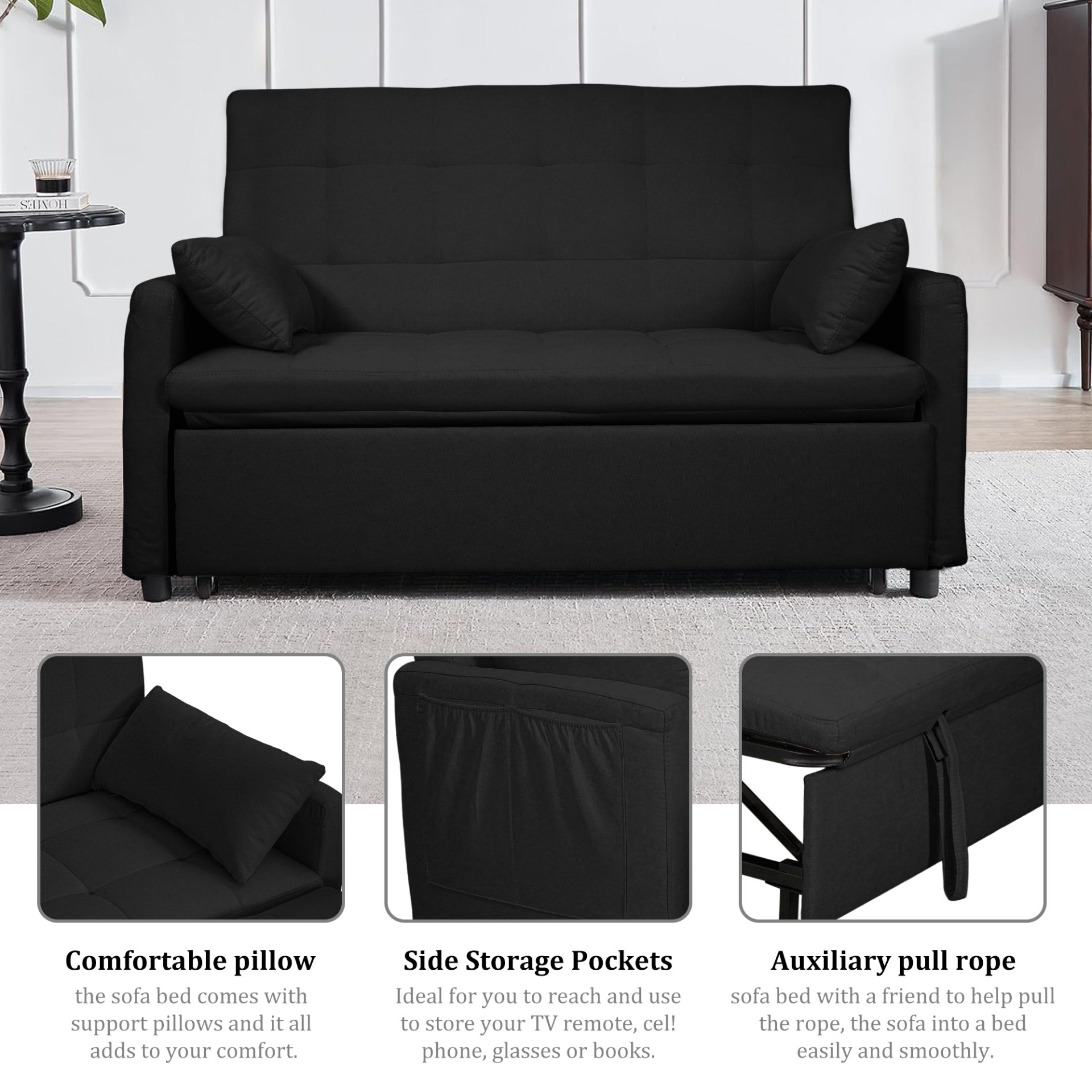 Balus - 2 In 1 Convertible Sofa Bed With Storage And Adjustable Backrest - Black - Image 5