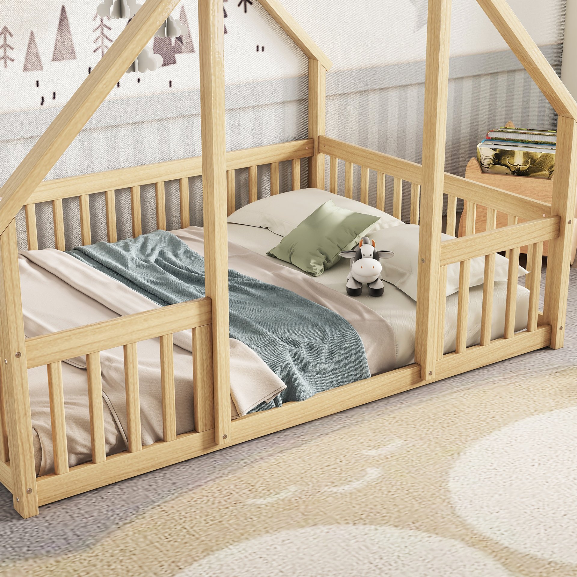 Full Wood House-Shaped Floor Bed With Fence, Guardrails - Natural - Image 6