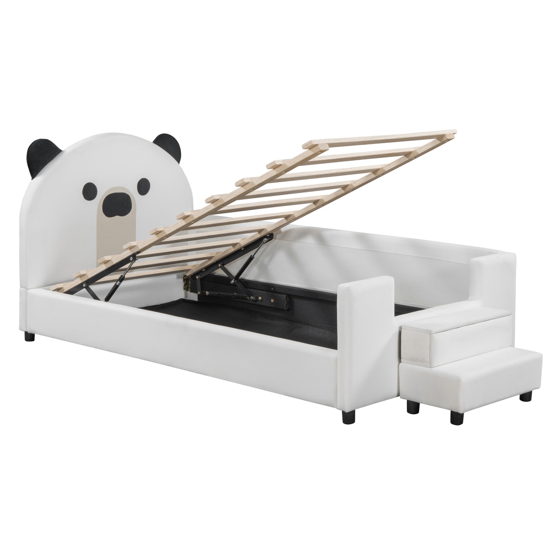 Twin Size Upholstered Daybed With Bear Shaped Headboard, Hydraulic System And Breathable Mesh Fence - White - Image 6