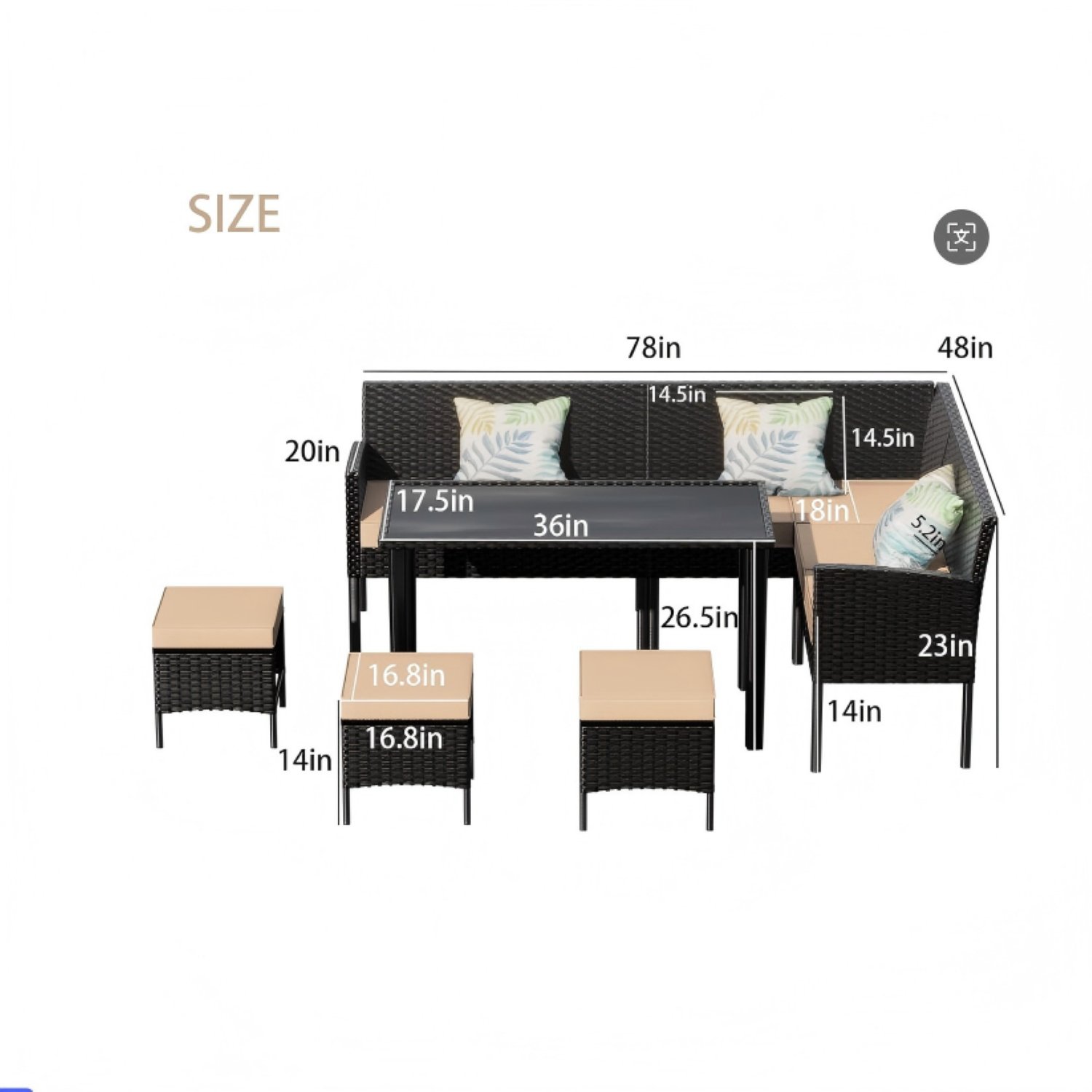 Small Space Patio Furniture 7 Piece Set With Waterproof Cushions And Glass Table, Suitable For Backyard, Terrace Or Garden - Khaki - Image 3