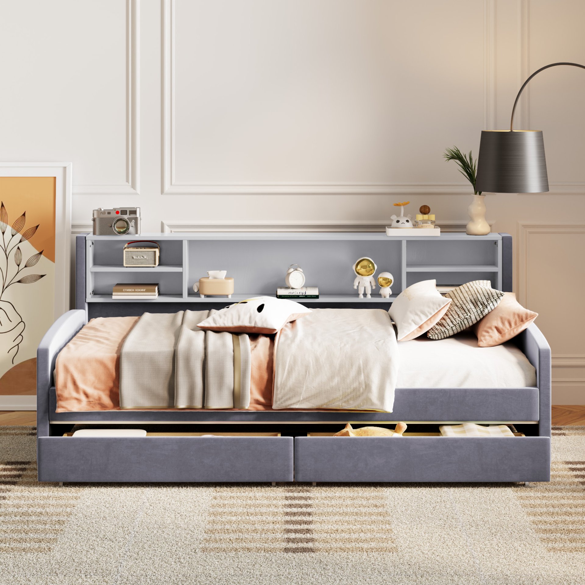 Twin Size Upholstered Platform Bed With Storage Drawers And Headboard - Gray - Image 4