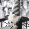 Sitting Gnome With Wings & Plaid Hat, For Halloween Decor - Black White - Image 4