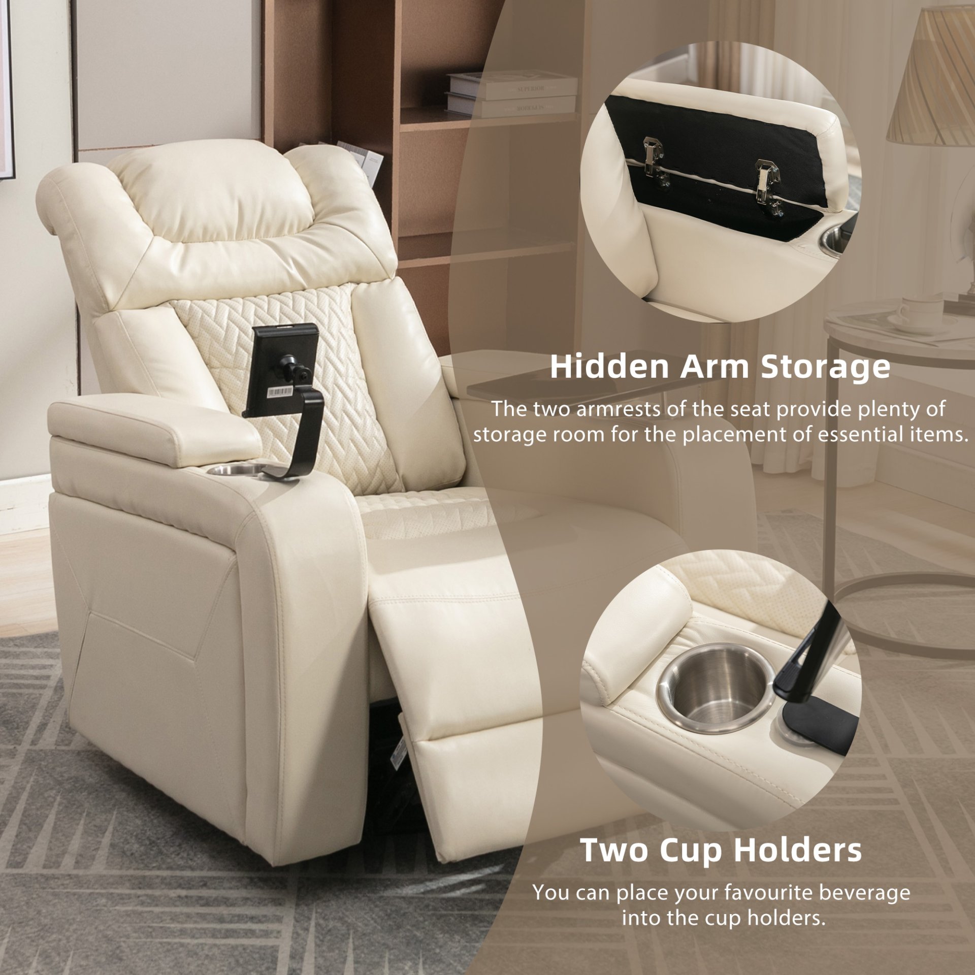 Home Theater Recliner With 270 Degree Swivel, Power Recliner With Tray Table, Phone Holder, Cup Holder, USB Port - White - Image 6