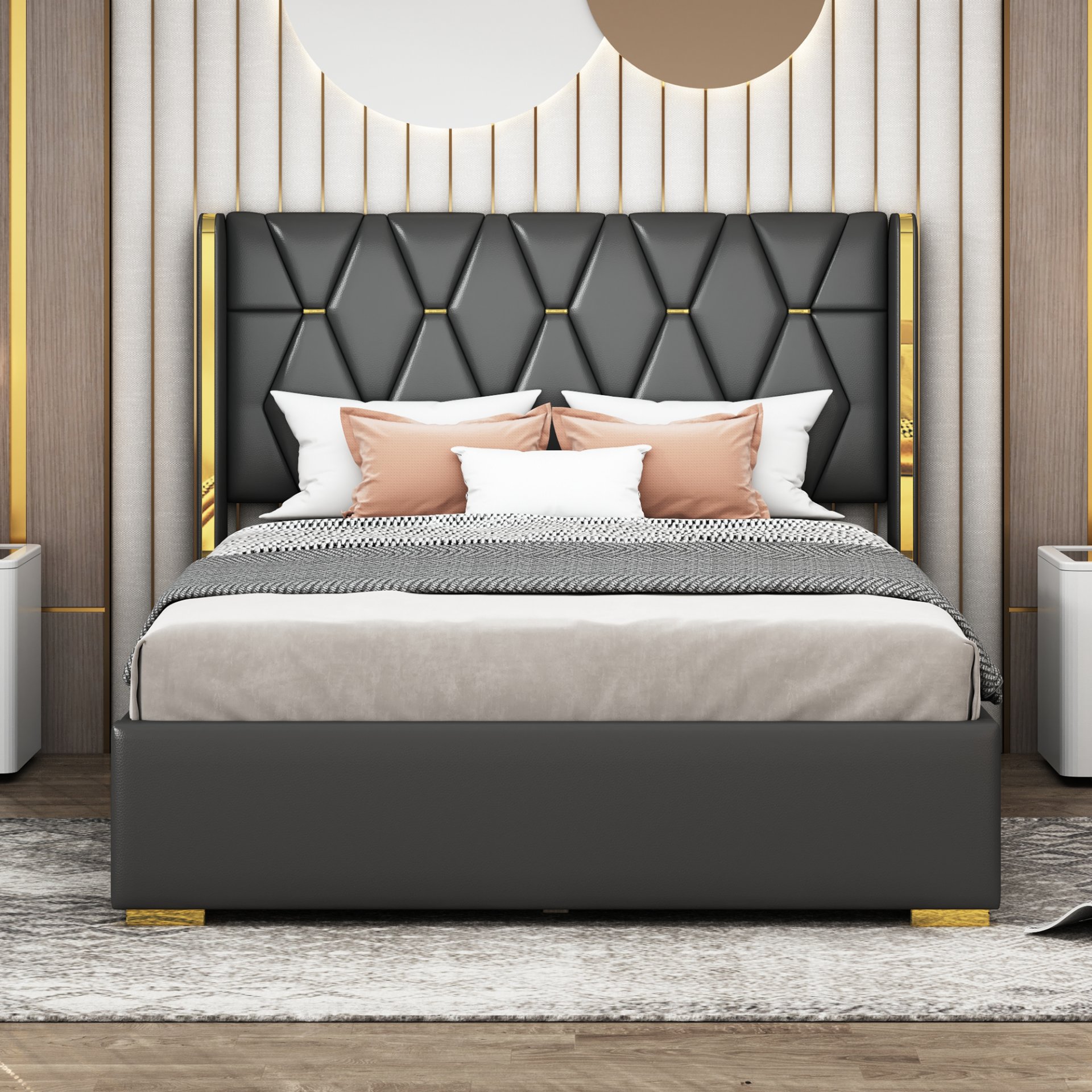 Full Size Upholstered Platform Bed With Strips - Black - Image 2