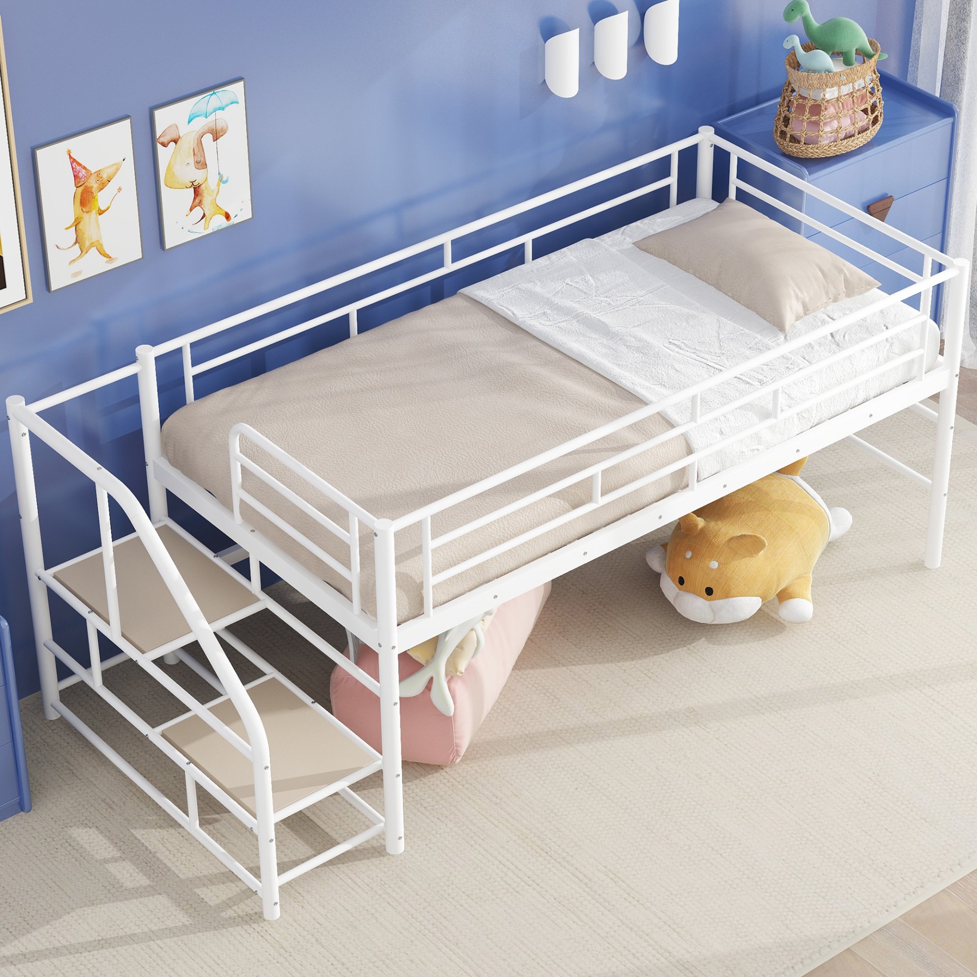 Twin Mid Loft Bed With Storage Stairs And Metal Frame - White - Image 4
