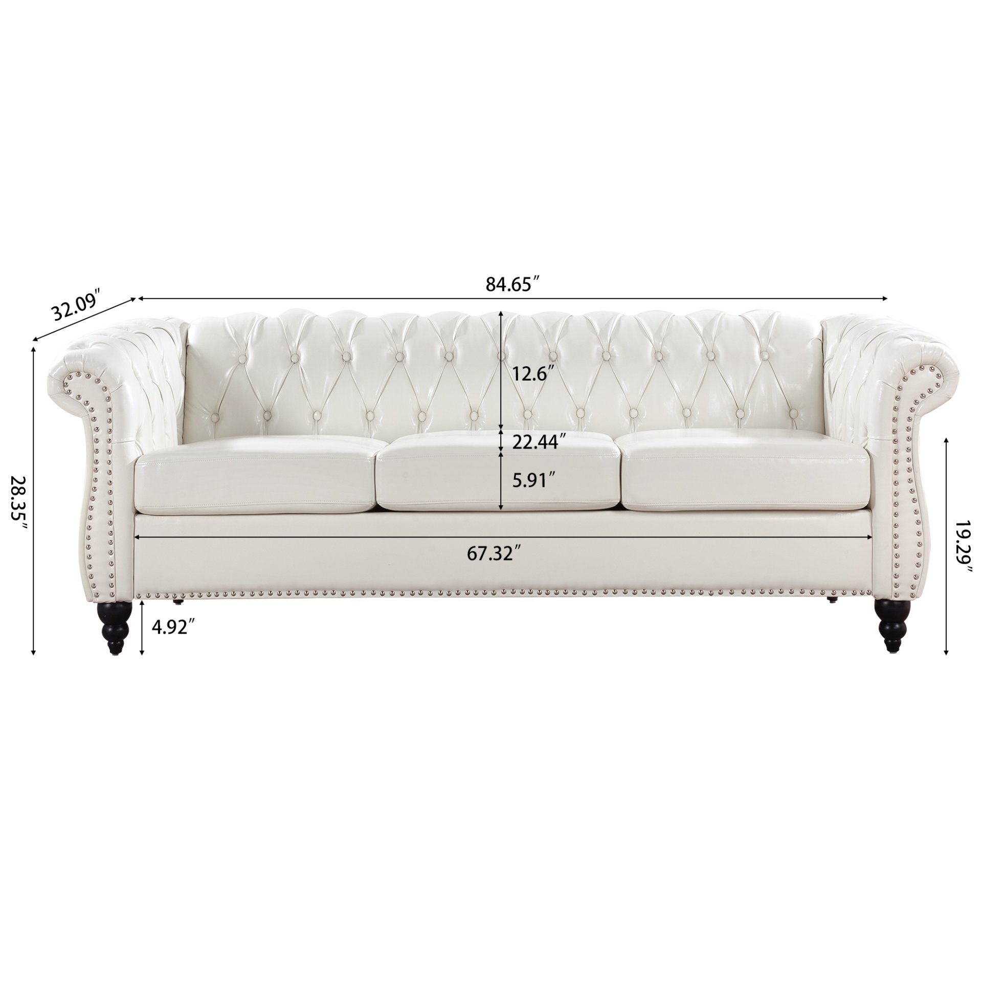84.65" Rolled Arm Chesterfield 3 Seater Sofa - White - Image 3