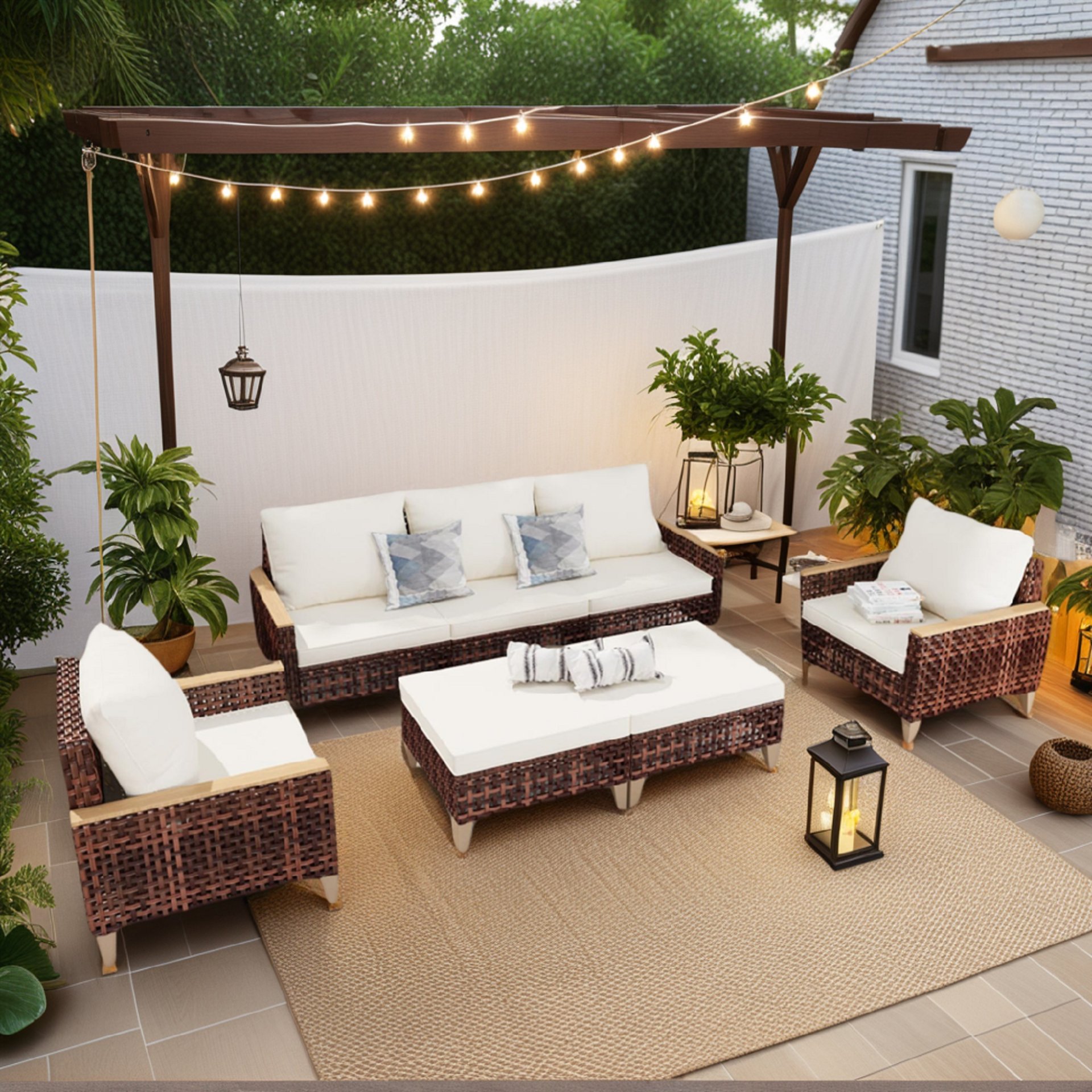 High Footed Rattan Terrace Furniture Set With Cushions, 5 Pieces, 7 Seats, Cotton And Rattan - White - Image 5