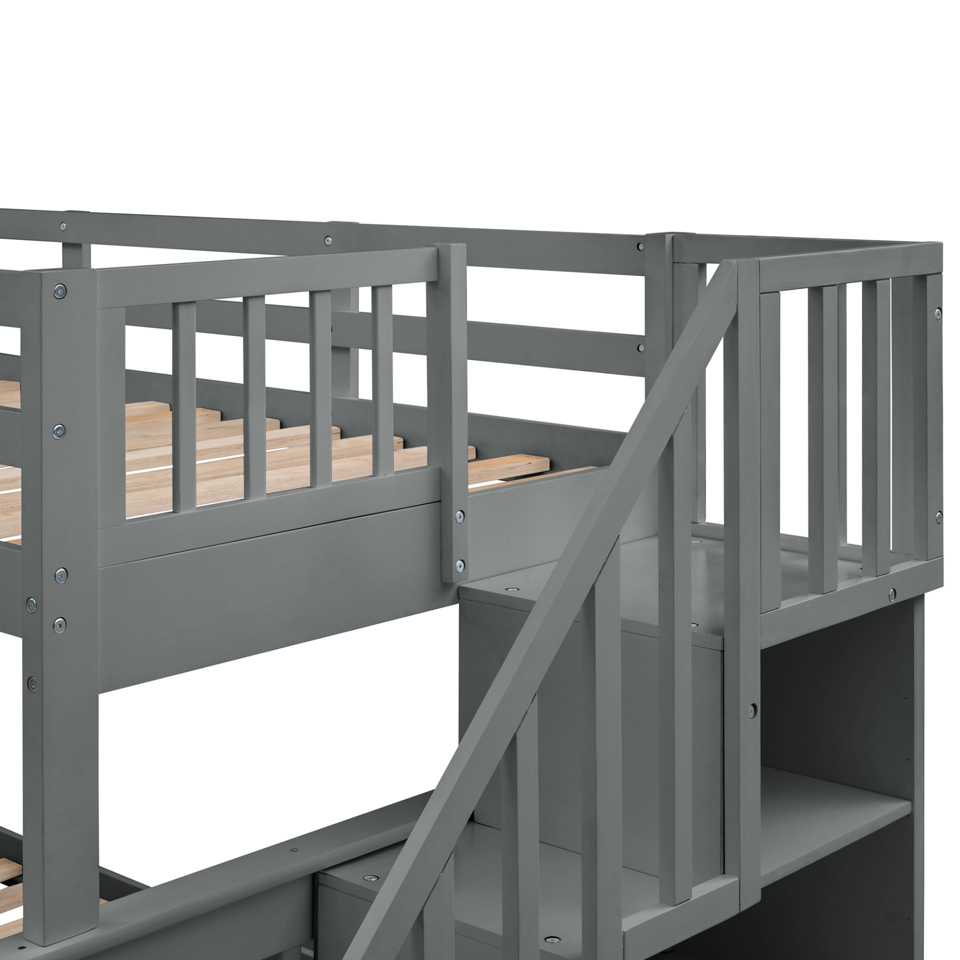 Twin Over Full Bunk Bed Stairway With Storage And Guard Rail For Bedroom - Gray - Image 11
