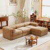 Elegant Chenille Sofa With Storage Seat And Ottoman L Shaped 3 Seater With Cylindrical Backrest And Armrests - Camel - Image 9