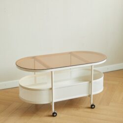 Movable Oval Metal Glass Coffee Table With Storage - White