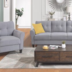 Modern Living Room Sofa Set Linen Upholstered Couch Furniture For Home Or Office - Light Gray / Blue