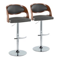 Pino - Mid-Century Modern Adjustable Barstool With Swivel With Rounded T Footrest (Set of 2) - Chrome / Walnut / Gray