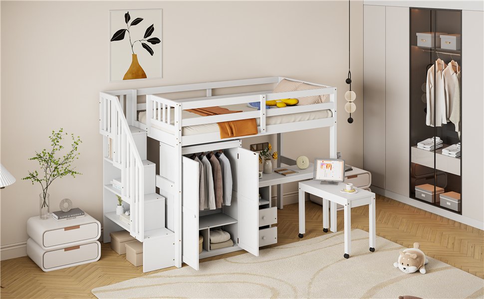 Twin Size Loft Bed With Stairs, Bookshelf, Drawers, Desk & Wardrobe, Space Saving Multifunctional Furniture - White - Image 20
