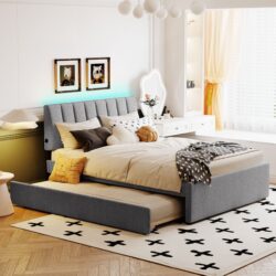Full Size Upholstered Platform Bed With Twin Size Trundle - Gray
