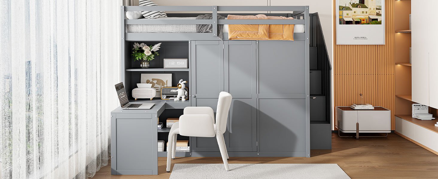 Full Size Loft Bed With Wardrobe, Desk And Shelves - Gray - Image 20