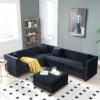 Contemporary Vertical Channel Tufted Velvet Sectional Sofa For Living Room Apartment With Ottoman And 4 Pillows - Black - Image 2