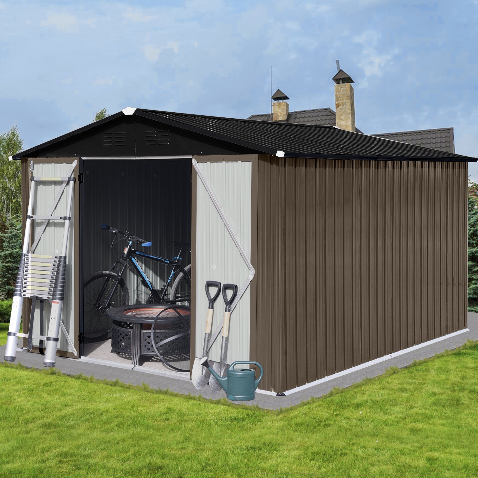 10'X8' Garden Sheds Outdoor Storage Sheds - Brown / Black - Image 3