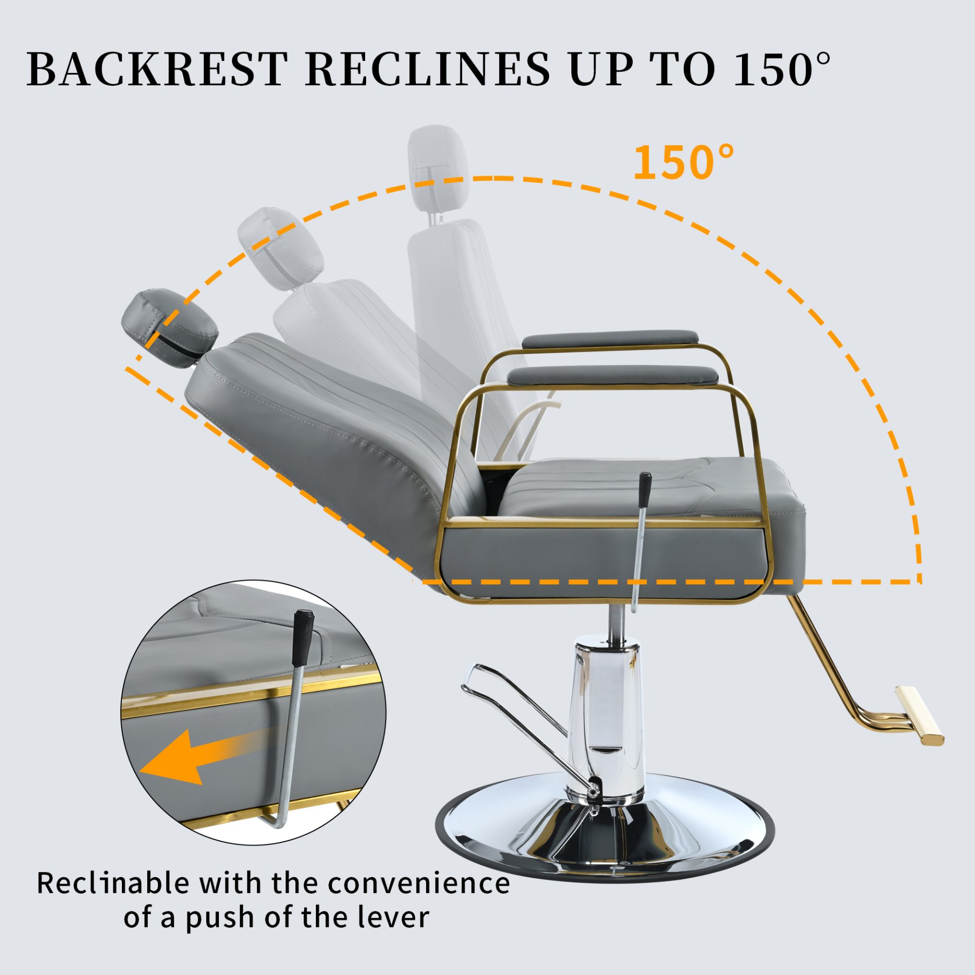 Premium Reclining Barber Chair Salon Chair For Hair Stylist With Heavy Duty Hydraulic Pump, 360° Rotation, Tattoo Chair Shampoo Beauty Salon Equipment, Max Load Weight 400 Lbs - Gray - Image 4