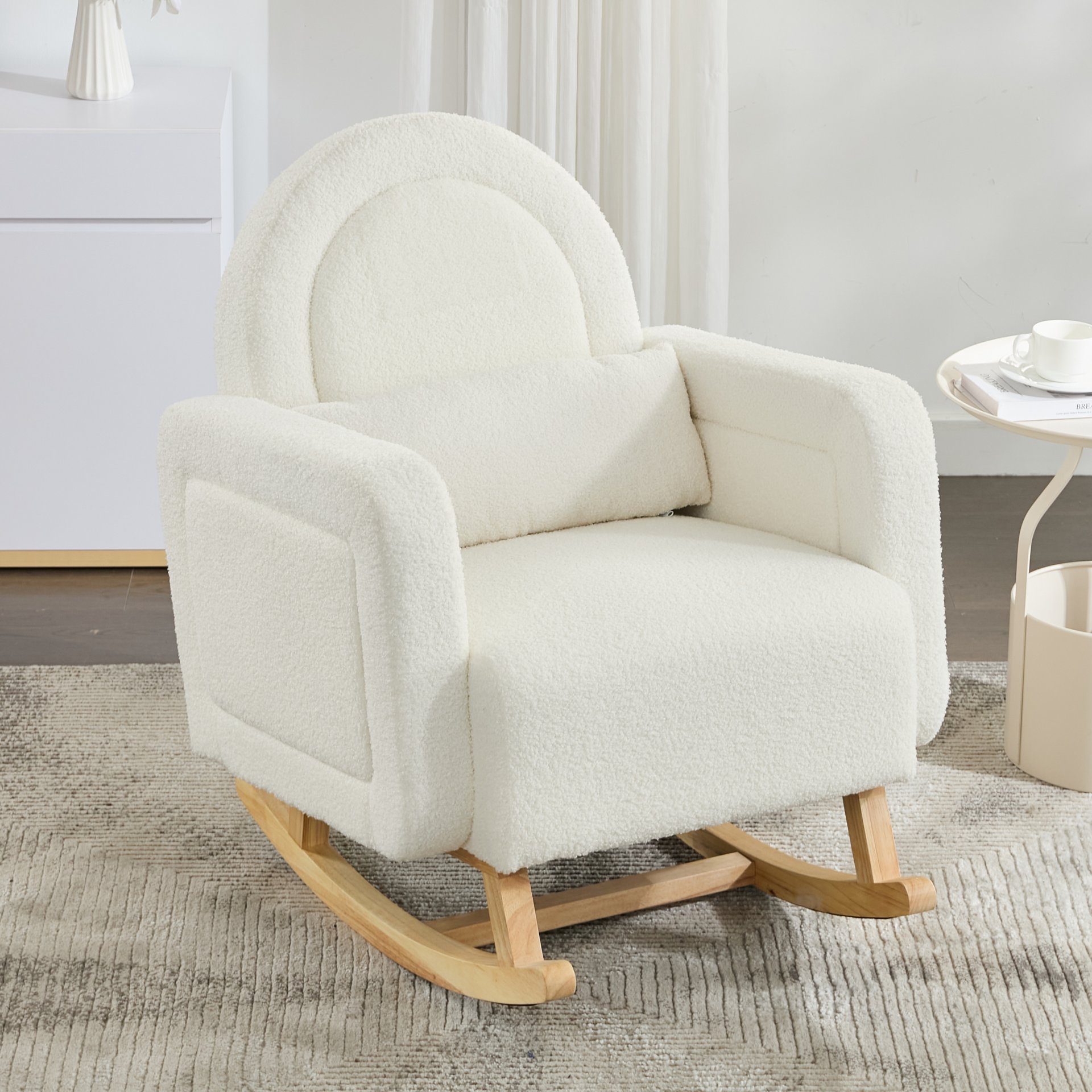 Accent Rocking Chair With Curved Back & Pillow, Base, Ultimate Comfort For Living Room Or Nursery - Cream White - Image 4