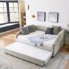 Full Size Elegant Upholstered Tufted Sofa Bed With Trundle, Linen Fabric - Beige - Image 6