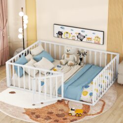 Full Size Floor Bed Frame With Fence And Door - White