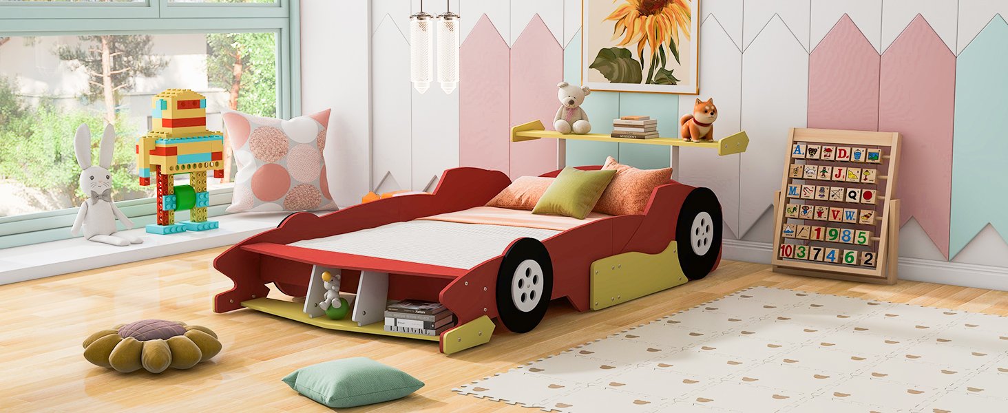 Full Size Race Car Shaped Platform Bed With Wheels - Red - Image 17