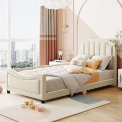 Twin Size Upholstered Daybed With Classic Stripe Shaped Headboard - Beige