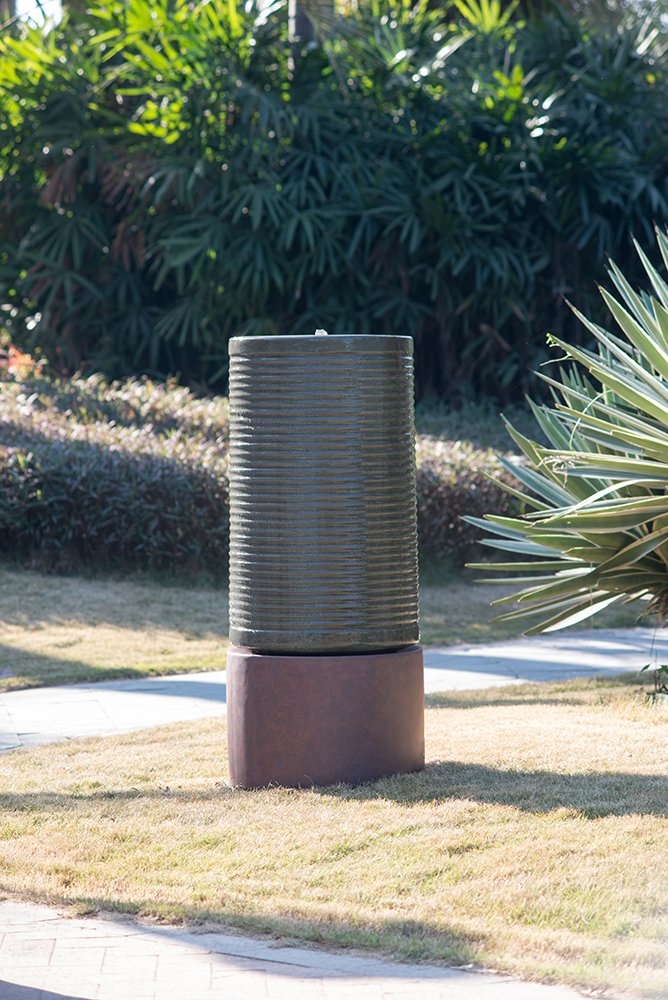 Tall Large Modern Cylinder Ribbed Tower Water Fountain With Rustic Base, Contemporary Antique Green Copper Outdoor Bird Feeder / Bath Cement Fountain - Antique Green - Image 6