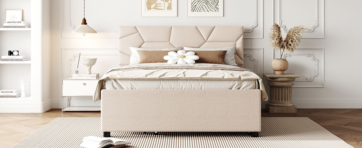 Full Size Upholstered Platform Bed With Brick Pattern Headboard And Twin Size Trundle - Beige - Image 12