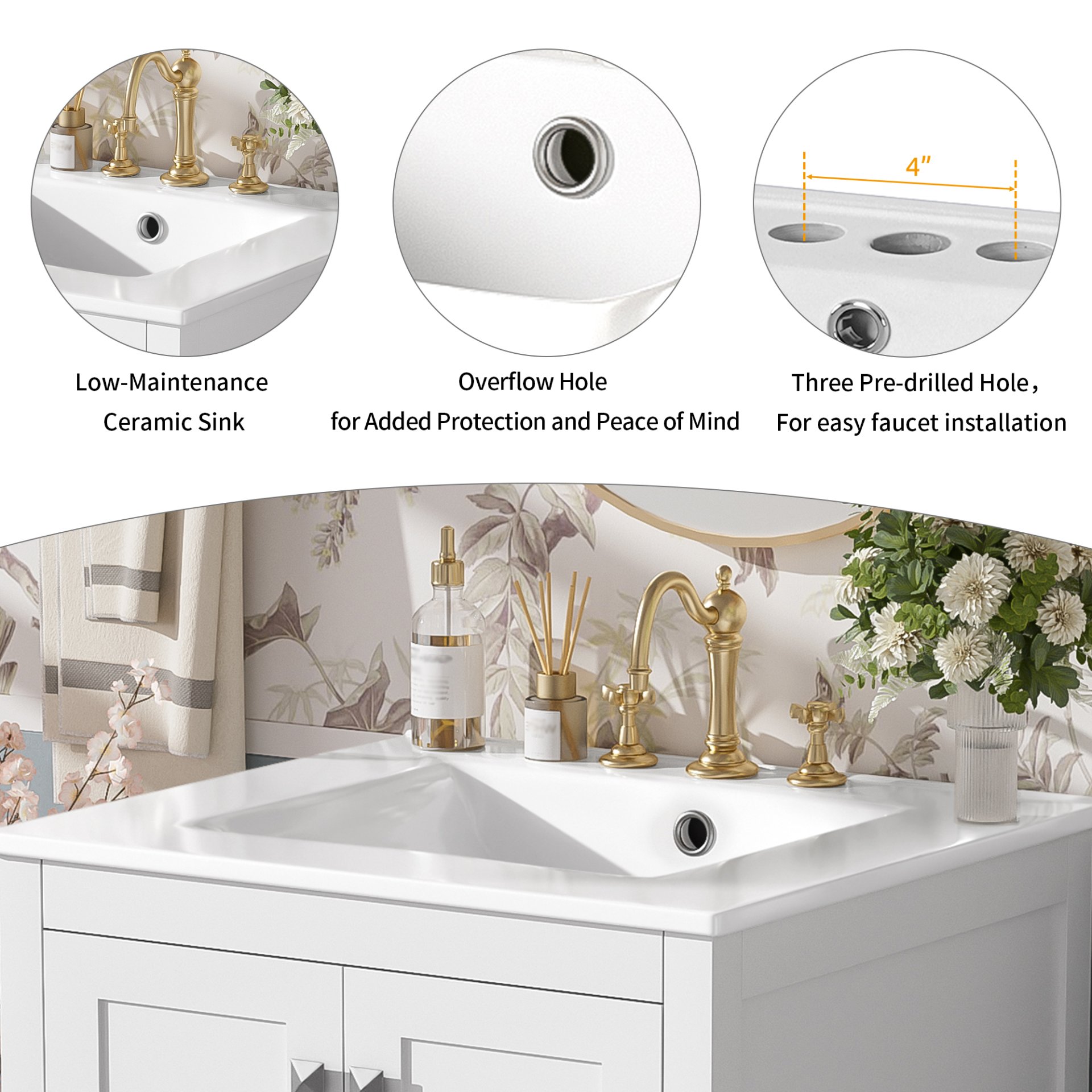 24" Bathroom Vanity With Integrated Undermount Sink, Soft Close Doors, 2 Doors 1 Drawer Storage - White - Image 10