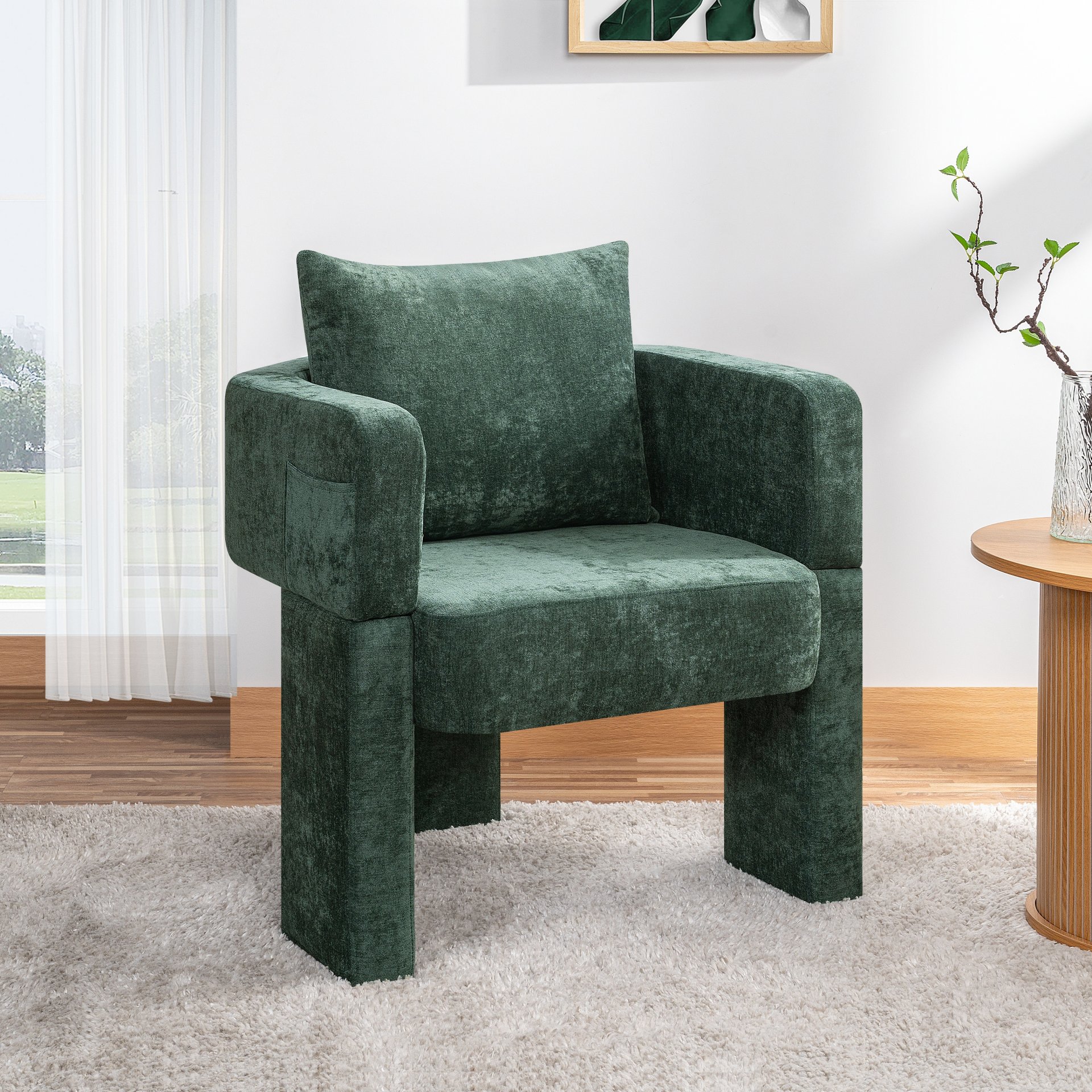Modern 3 Leg Accent Chair With Ergonomic Arms & Removable Pillow For Living Room, Bedroom, Dining Room And Office - Dark Green - Image 2