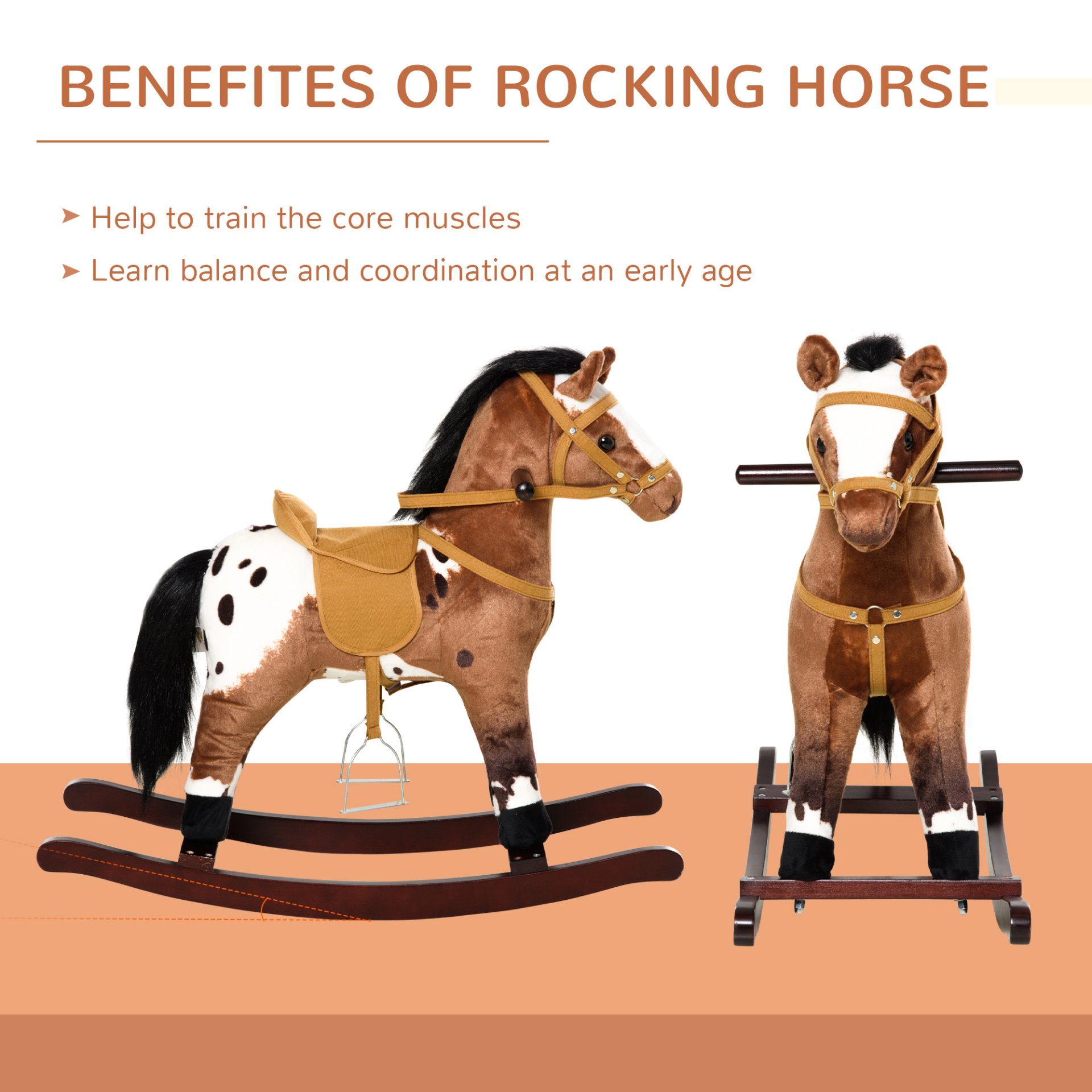Qaba - Kids Metal Plush Ride-On Rocking Horse Chair Toy With Realistic Sounds - Dark Brown / White - Image 8