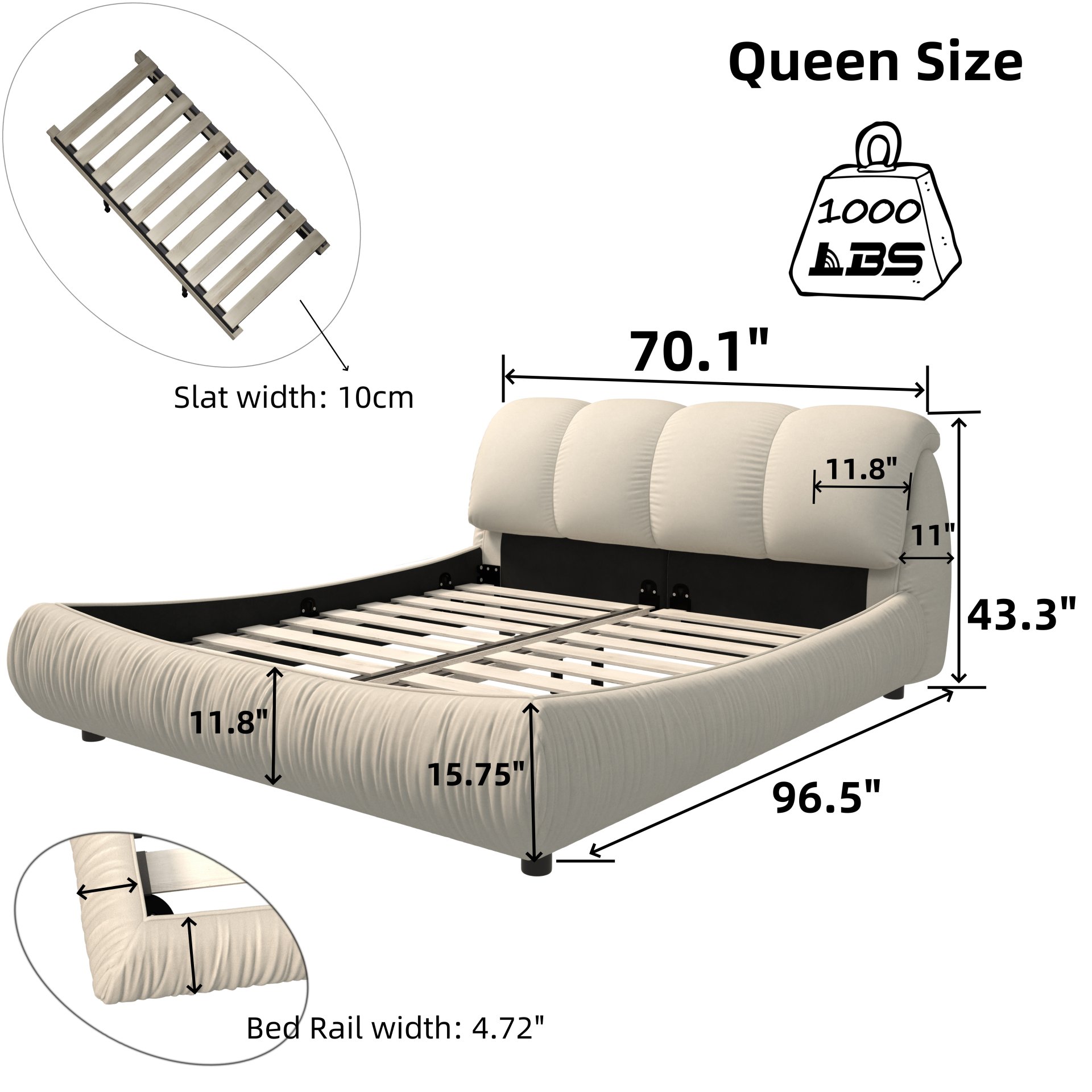 Queen Size Luxury Upholstered Platform Bed With Oversized Padded Backrest And Solid Wood Frame, Suitable For Multiple Heights Of Mattresses - Beige - Image 3