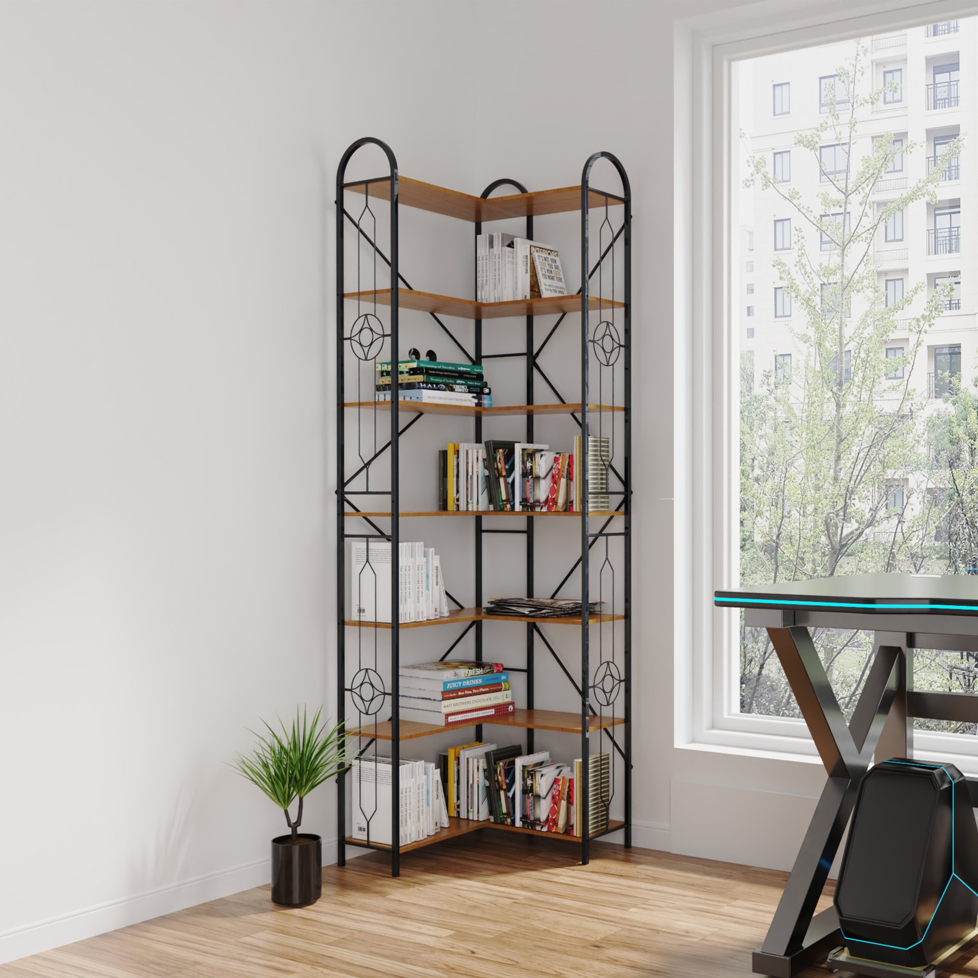 Modern 7 Shelf Bookcase With Thickened Iron Frame And Laminate - Brown - Image 2
