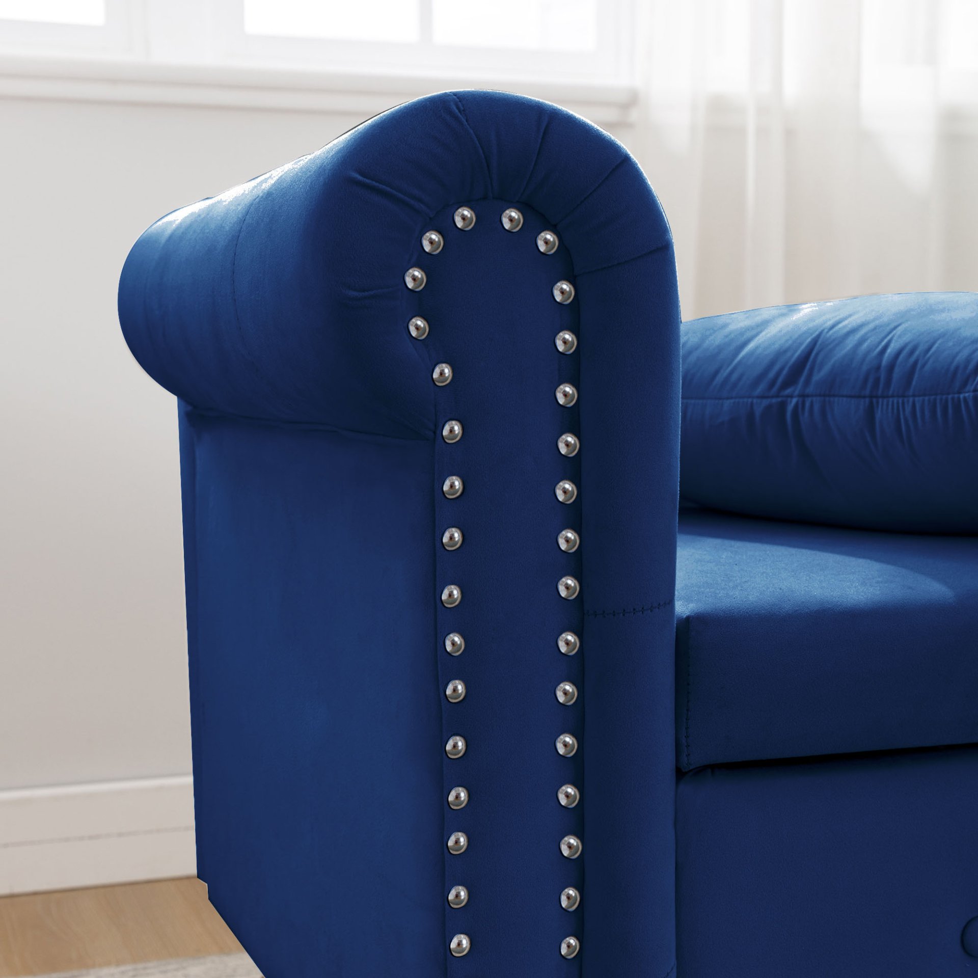 Chaise Lounge Indoor, Velvet Lounge Chair For Bedroom With Storage & Pillow, Modern Upholstered Rolled Arm Chase Lounge For Sleeping With Nailhead Trim For Living Room Bedroom Office - Navy Blue - Image 7