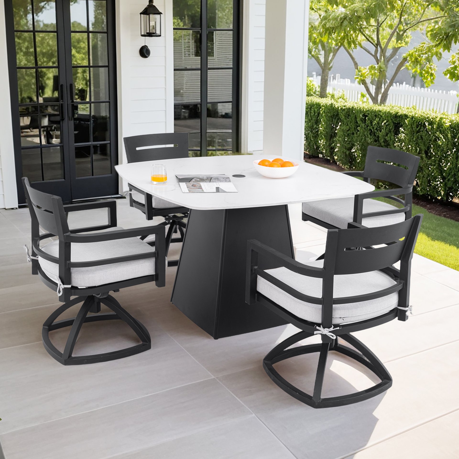 5 Pieces Outdoor Patio Dining Set, Squircle Dining Table, 4 Swivel Rockers With Sunbrella Cushions - Ember Black - Image 4