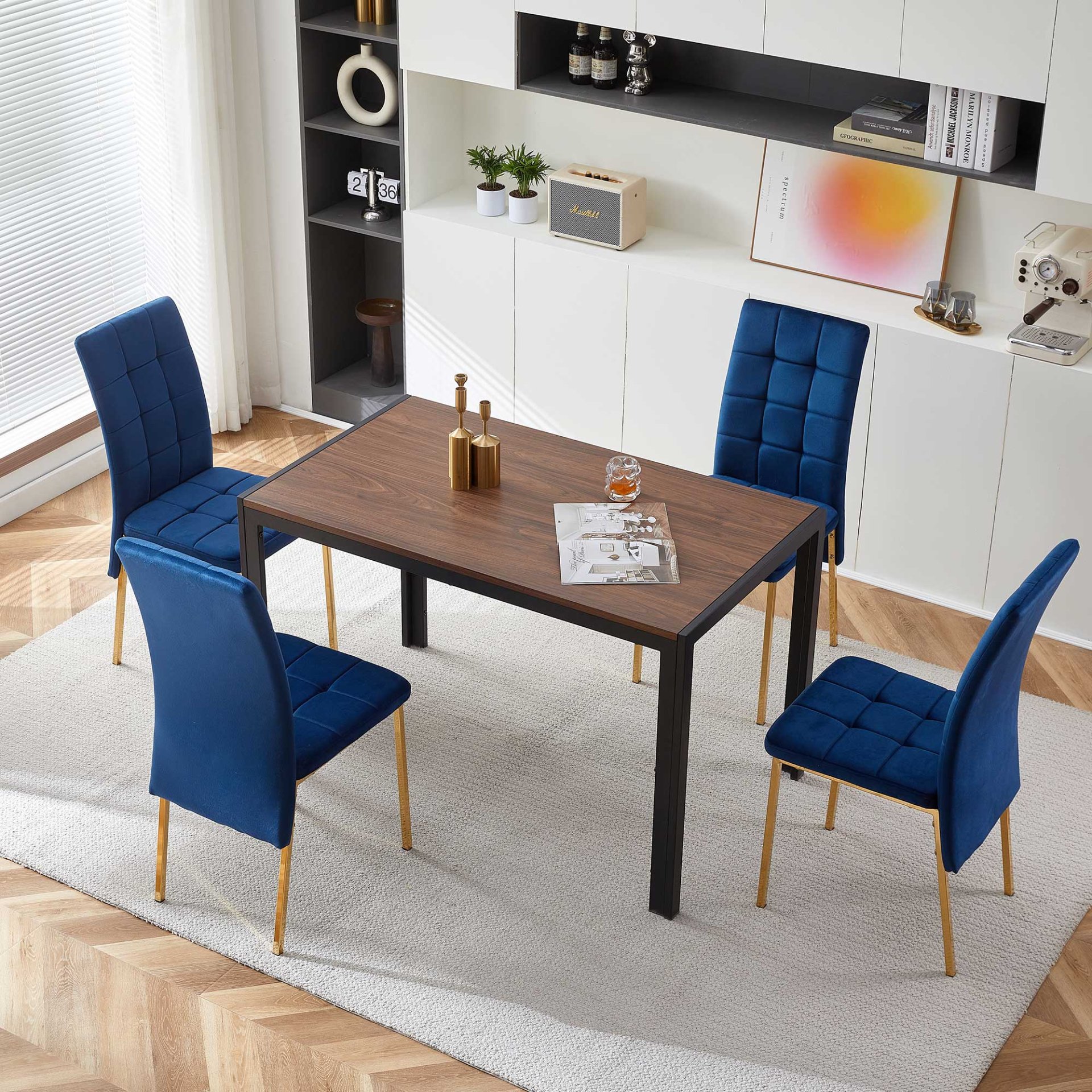 Velvet High Back Nordic Dining Chair Modern Chair With Golden Color Legs, (Set of 4) - Dark Blue - Image 2