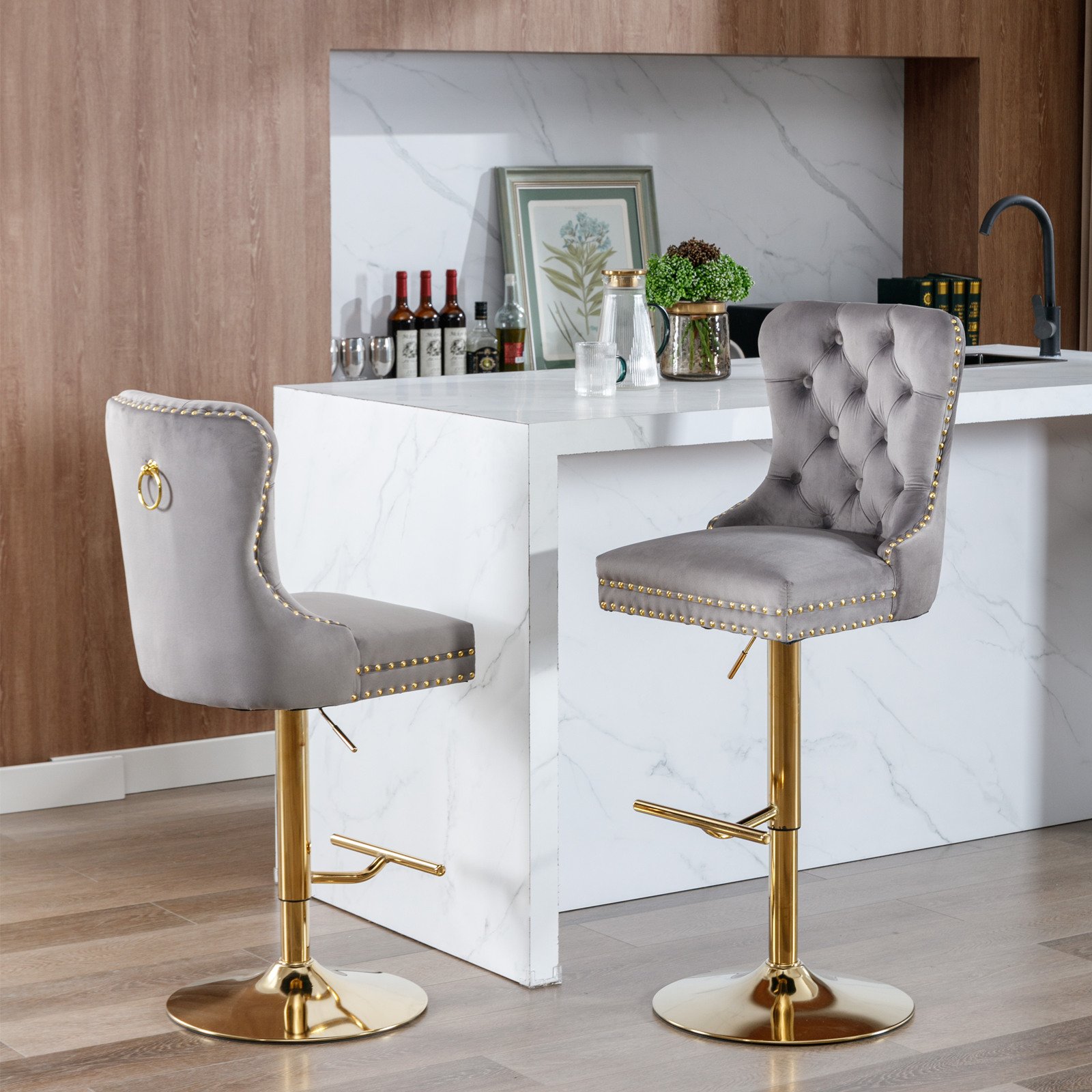 Thick Golden Swivel Velvet Barstools Adjusatble Seat Height From 25-33", Modern Upholstered Bar Stools With Backs Comfortable Tufted For Home Pub And Kitchen Island (Set of 2) - Gray - Image 17