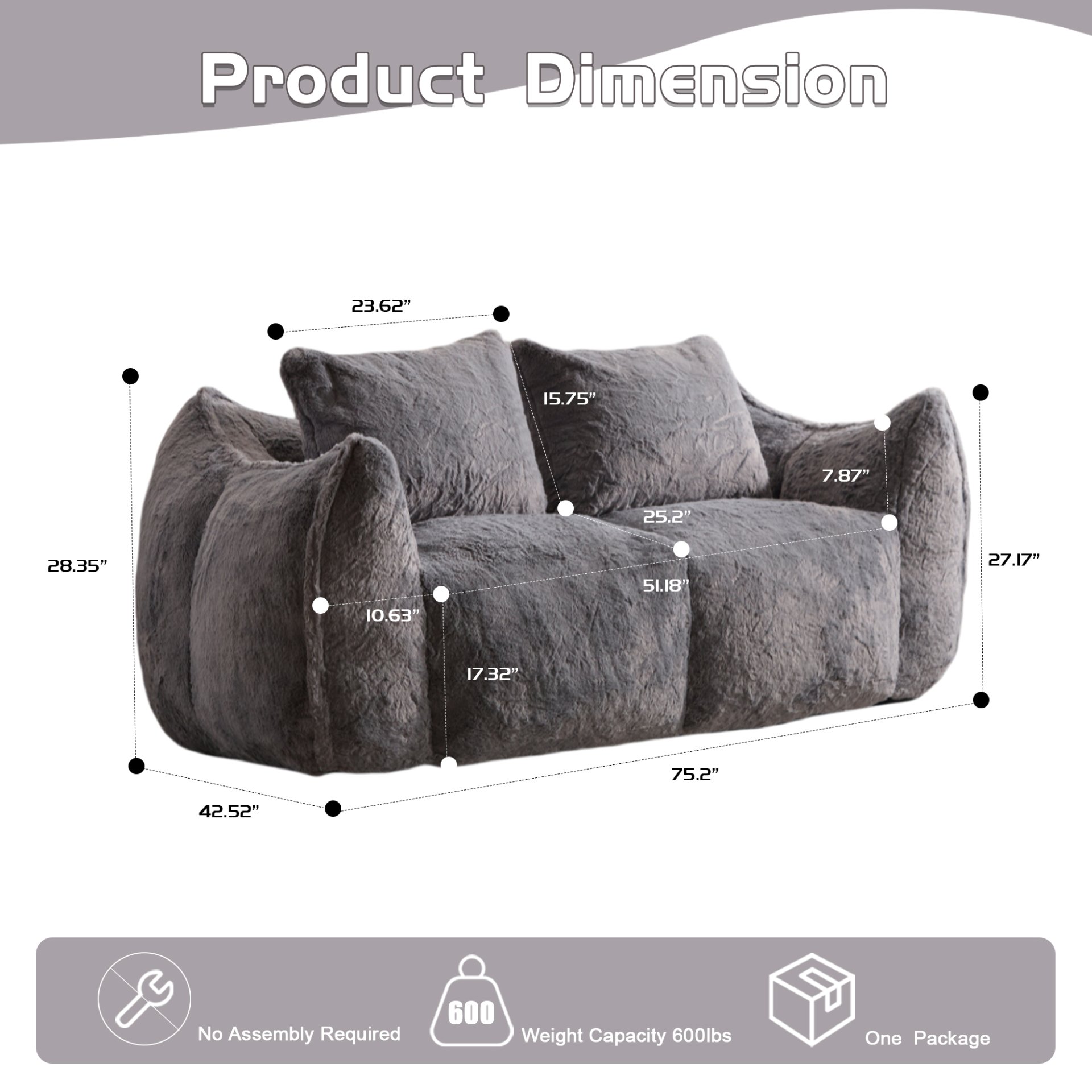 Giant Bean Bag Couch, Ultra Soft Fluffy Loveseat For Living Room Reading Chair With Pillows - Gray - Image 3