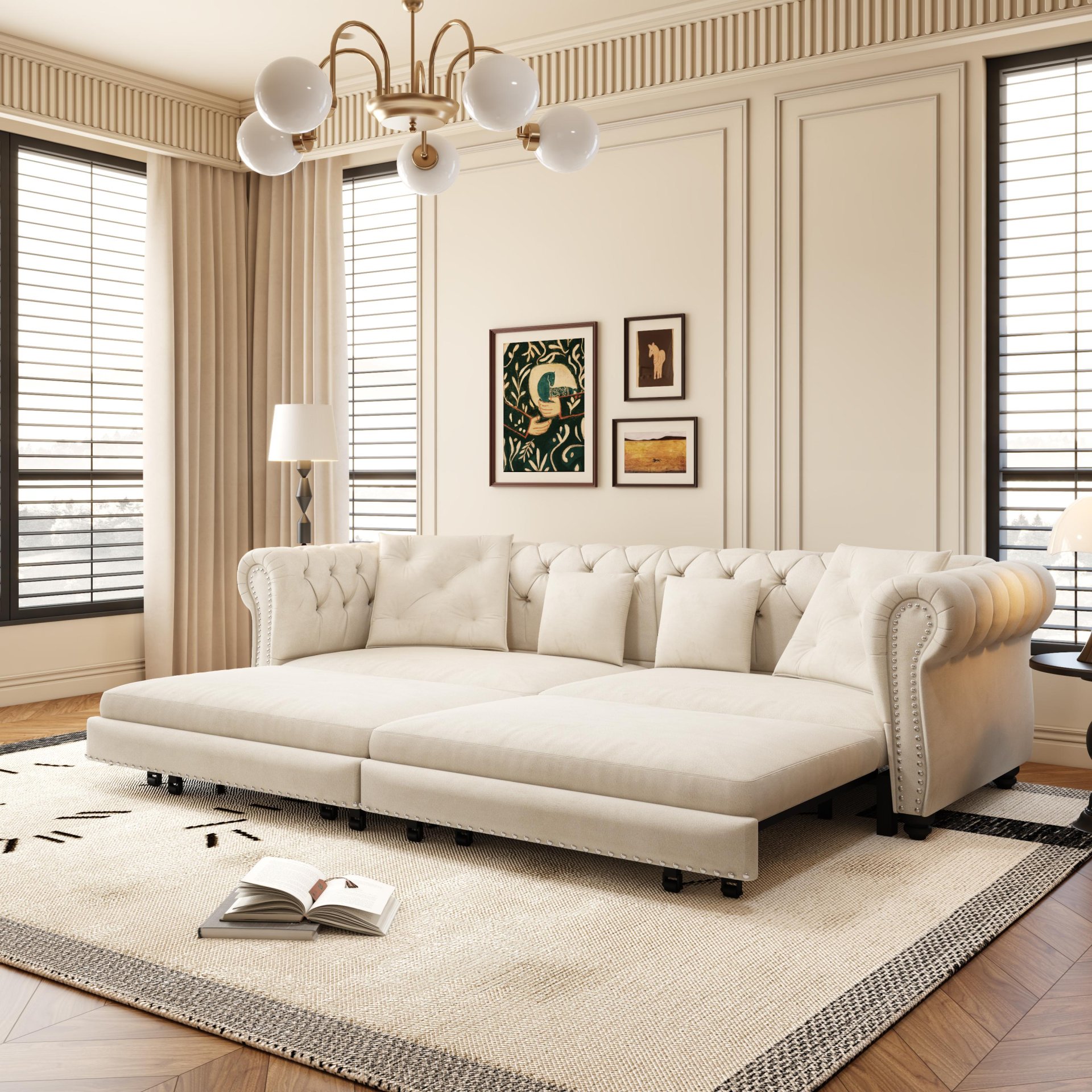 3 In 1 Pull Out Sofa Bed, Convertible Sleeper Sofa Bed, 3 Seater Sofa With Movable Ottoman - Beige - Image 8