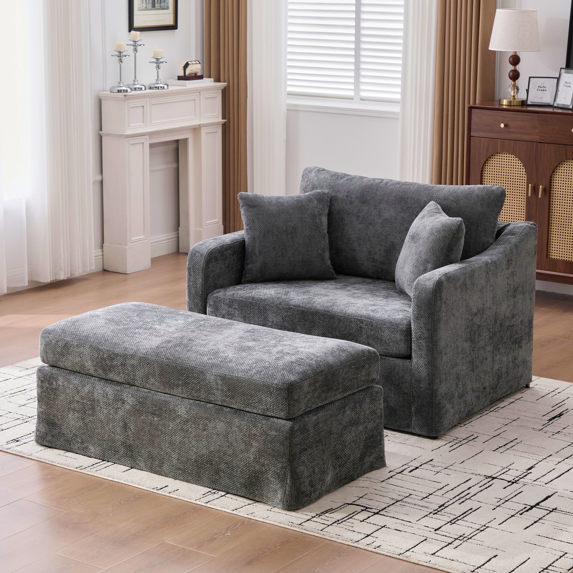 Upholstered Accent Chair With Ottoman, 2 Bolster Pillows - Charcoal - Image 3