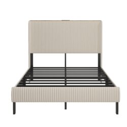 Full Size Platform Bed Frame With Charging Station And Noise Free Design - Beige