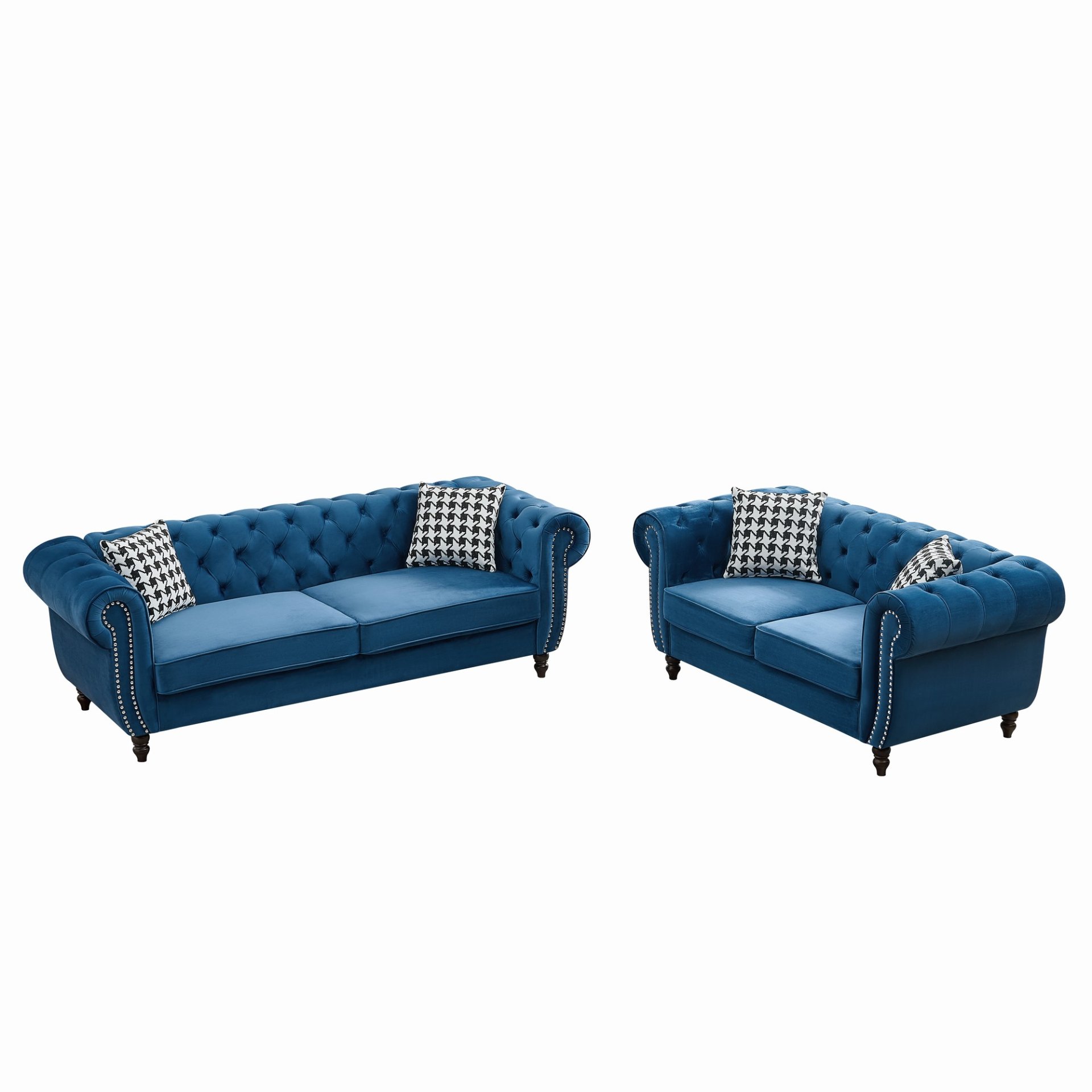 Chesterfield Sofa With Roll Armrest & Nailhead, 3 And 2 Seater - Blue - Image 9