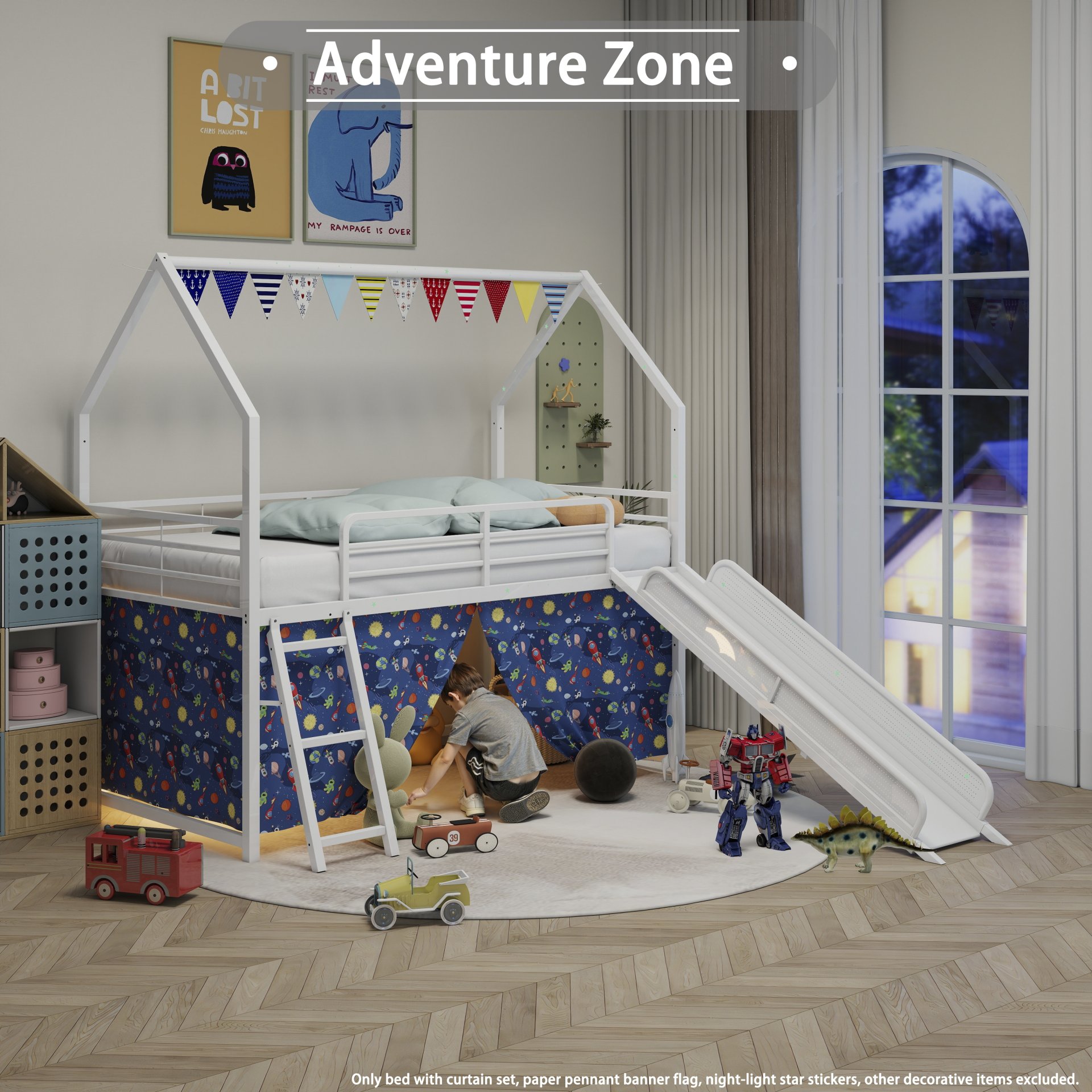 Jack - House Twin Loft Bed With Slide And Curtain Set - White / Blue - Image 11