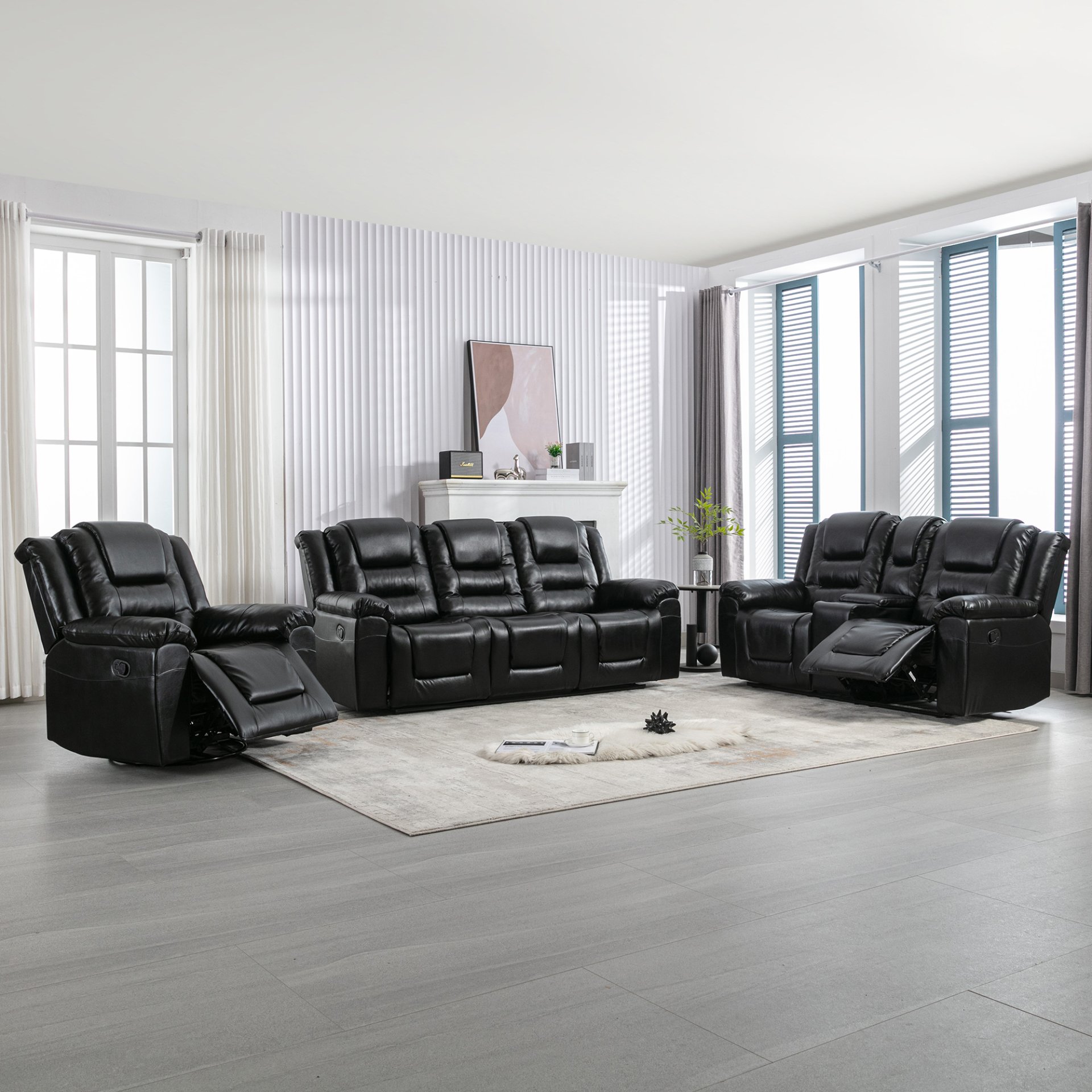 Home Theater Recliner Set Manual Recliner Chair With Wide Armrest, Two Built-In Cup Holders For Living Room - Black - Image 15
