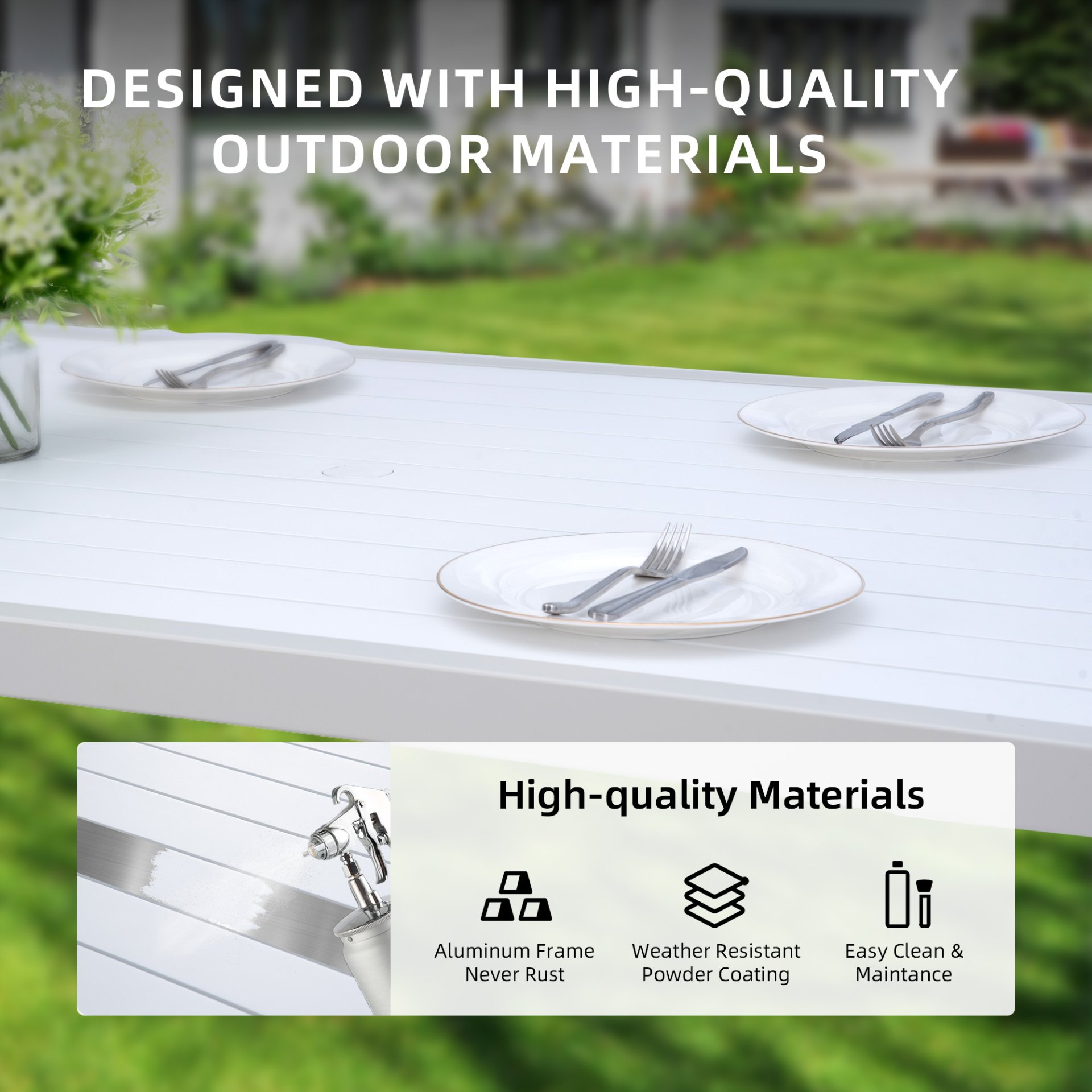 6 Piece Dining Set Modern Outdoor Patio Furniture, 4 Dining Chairs & 1 Dining Bench Sunbrella Fabric And 2 Tone Rectangle Table With Umbrella Hole - Matte White / Grayish - Image 2