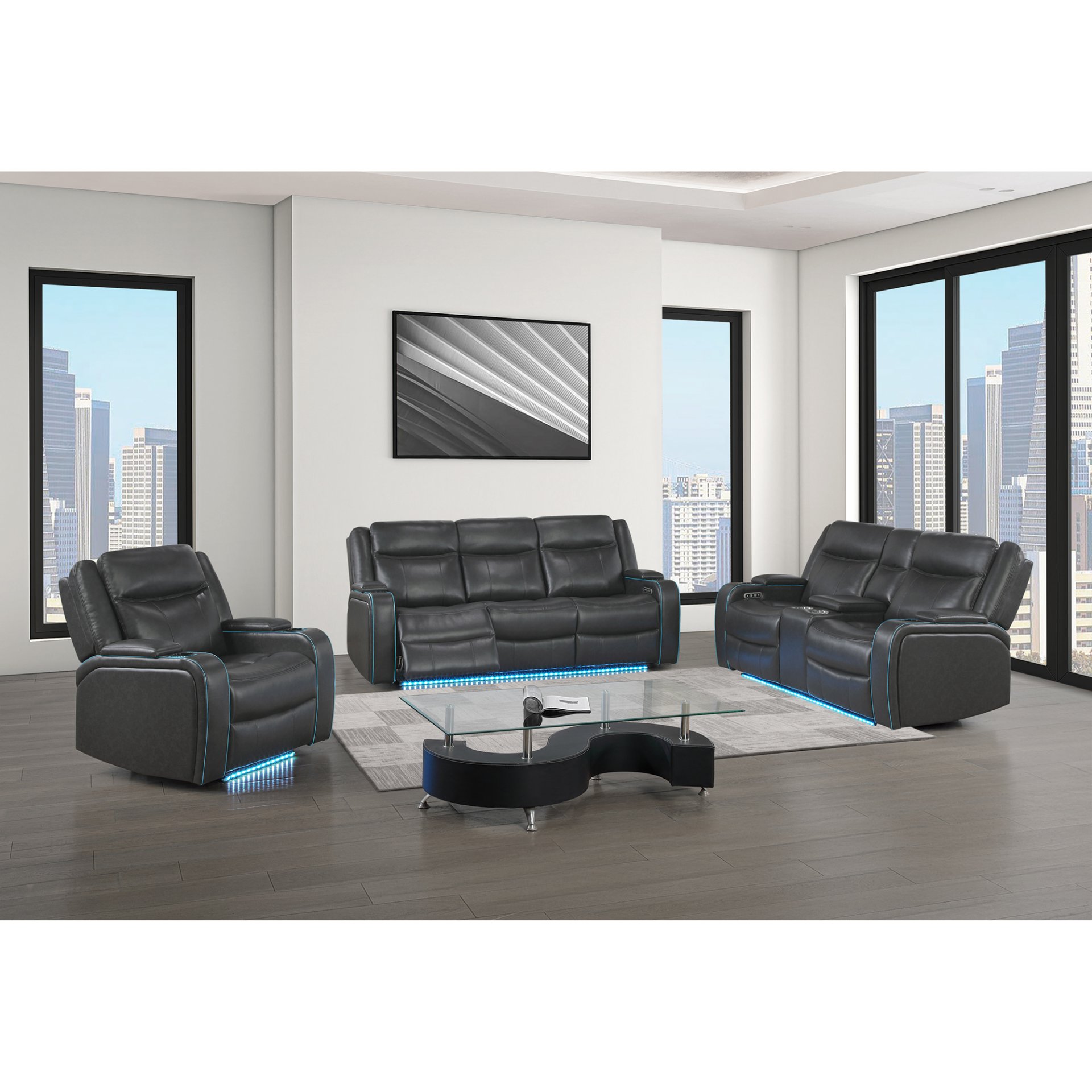 Blanca - Power Reclining 3 Piece Set With LED Lights, USB Connectivity, And Built In Speakers - Charcoal - Image 6