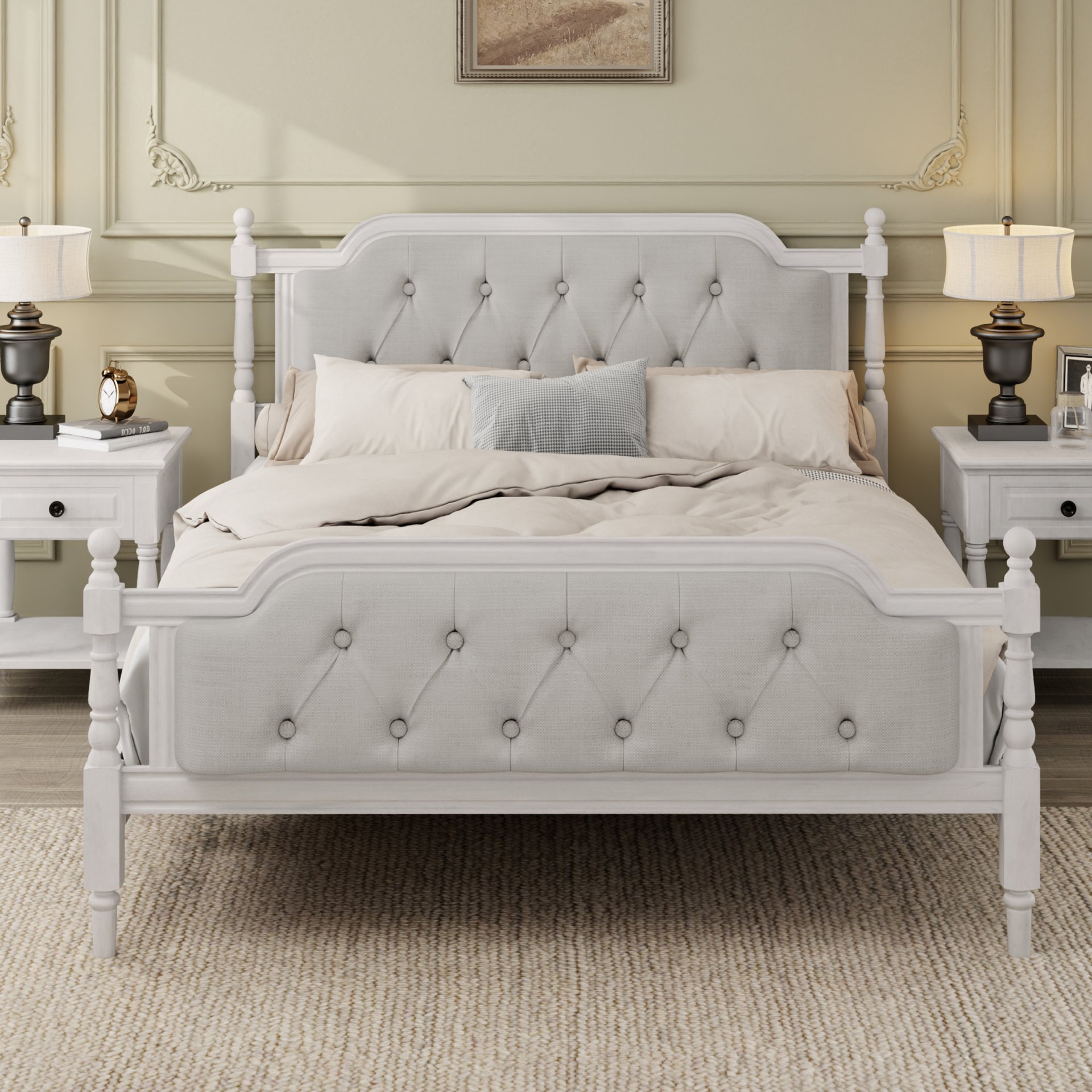 Full Size Traditional Style Solid Bed Frame With Upholstered Tufted Headboard, No Box Spring Needed - Antique White - Image 5